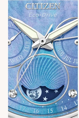 A close up of the Calendrier watch dial, featuring the moon phase tracker