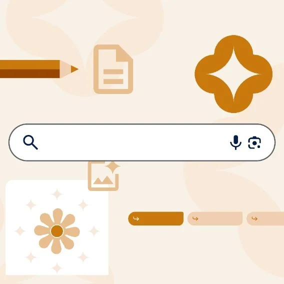 illustration of a search bar with icons like pencils and docs