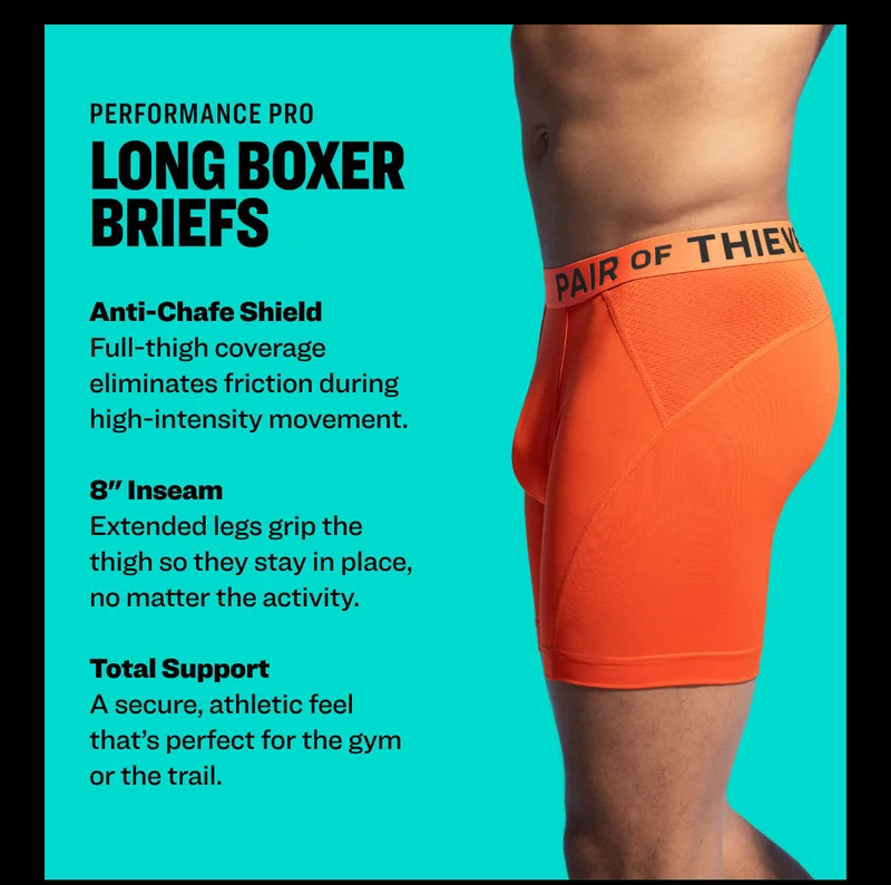 Performance Pro: Long Boxer Briefs. Anti-Chafe Shield: Full-thigh coverage eliminates friction during high-intensity movement. 8" Inseam: Extended legs grip the thigh so they stay in place, no matter the activity. Total Support: A secure, athletic feel that’s perfect for the gym or the trail.
