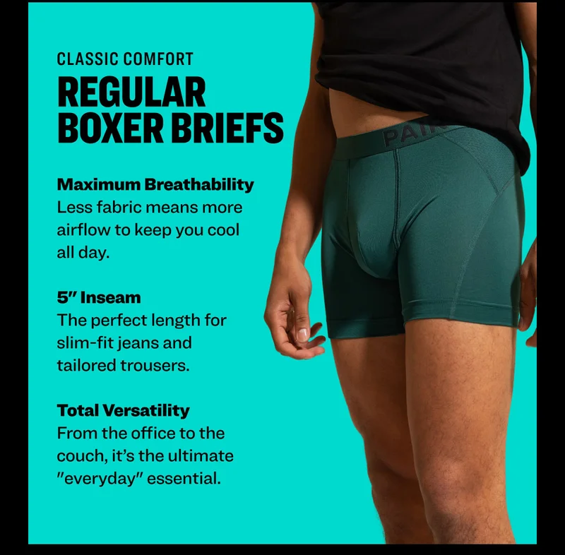 Classic Comfort: Regular Boxer Briefs. Maximum Breathability: Less fabric means more airflow to keep you cool all day. 5" Inseam: The perfect length for slim-fit jeans and tailored trousers. Total Versatility: From the office to the couch, it’s the ultimate "everyday" essential.