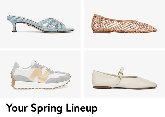 A blue kitten-heel sandal, brown open-weave ballet flat, grey sneaker and white mary jane.
