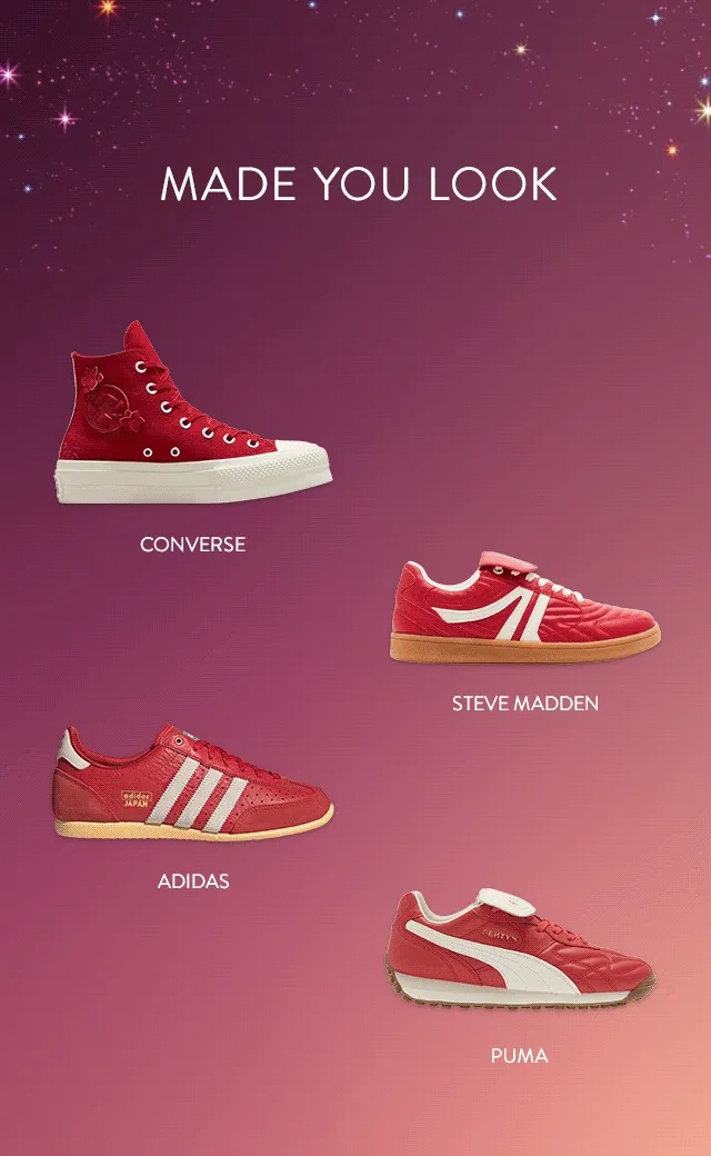 An assortment of red sneakers.