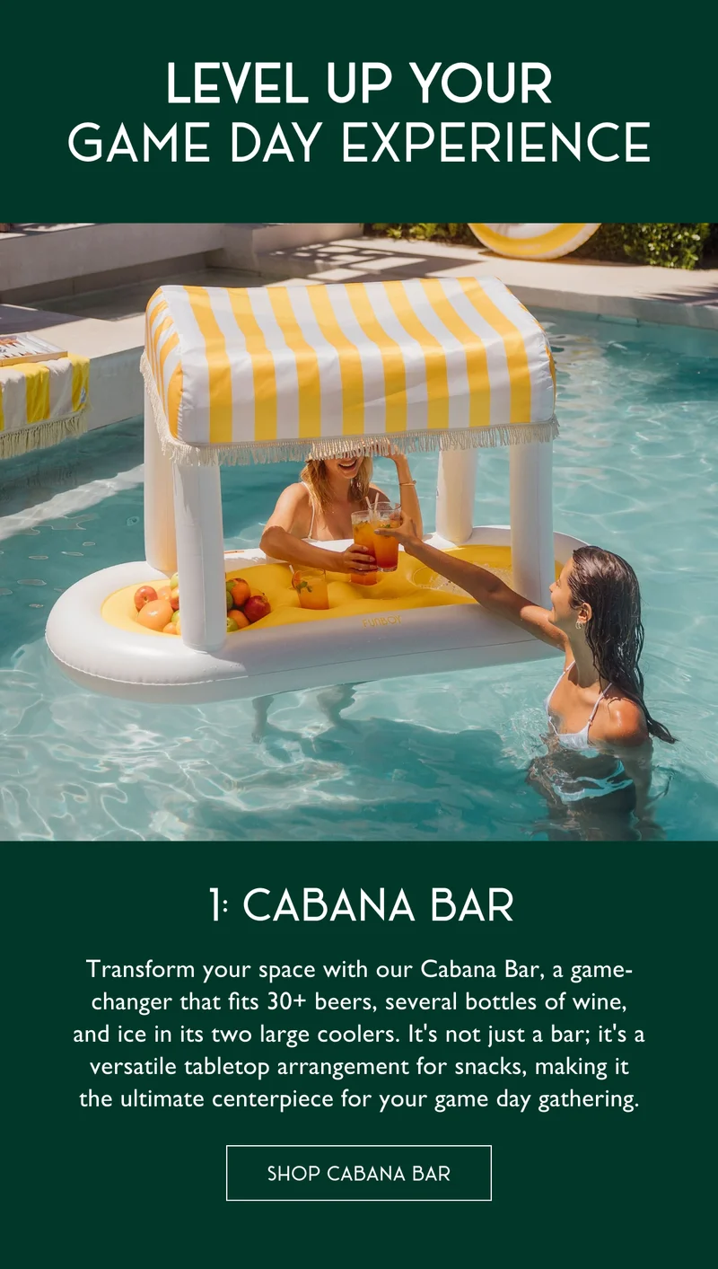 Level up your game day experience | 1. Cabana Bar: Transform your space with our cabana bar, a game-changer that fits 30+ beers, several bottles of wine, and ice in its two large coolers. It's not just a bar; it's a versatile tabletop arrangement for snacks, making it the ultimate centerpiece for your game day gathering. | SHOP CABANA BAR