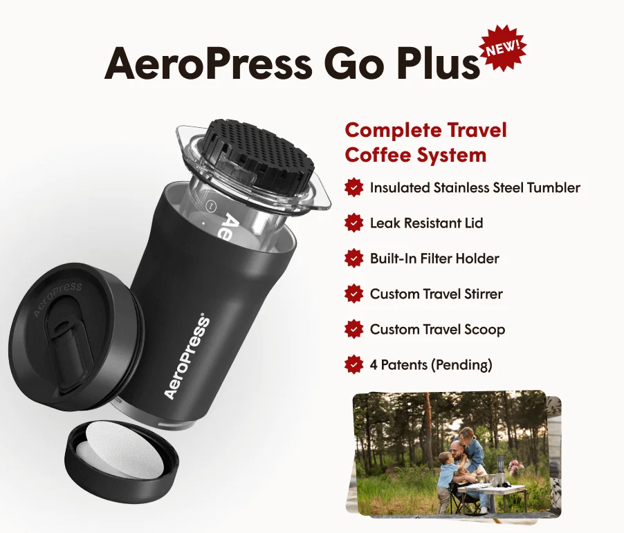 AeroPress Go Plus Travel Coffee System. Backed by 4 patents.