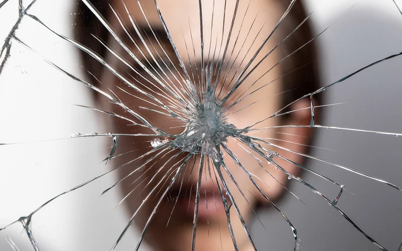 A person stares at their reflection in a shattered mirror