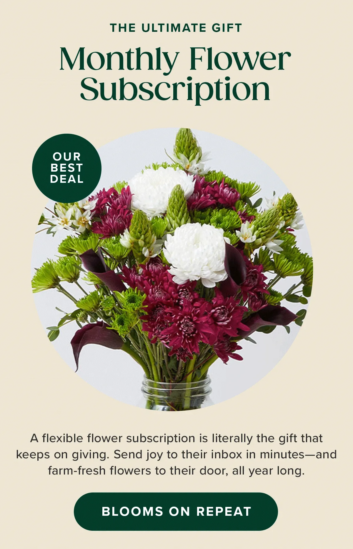 The Ultimate Gift: Monthly Flower Subscription. It's also our BEST DEAL. A flexible flower subscription is literally the gift that keeps on giving. Send joy to their inbox in minutes--and farm-fresh flowers to their door, all year long. Blooms on Repeat. The Ultimate Gift: Monthly Flower Subscription. It's also our BEST DEAL. A flexible flower subscription is literally the gift that keeps on giving. Send joy to their inbox in minutes--and farm-fresh flowers to their door, all year long. Blooms on Repeat.