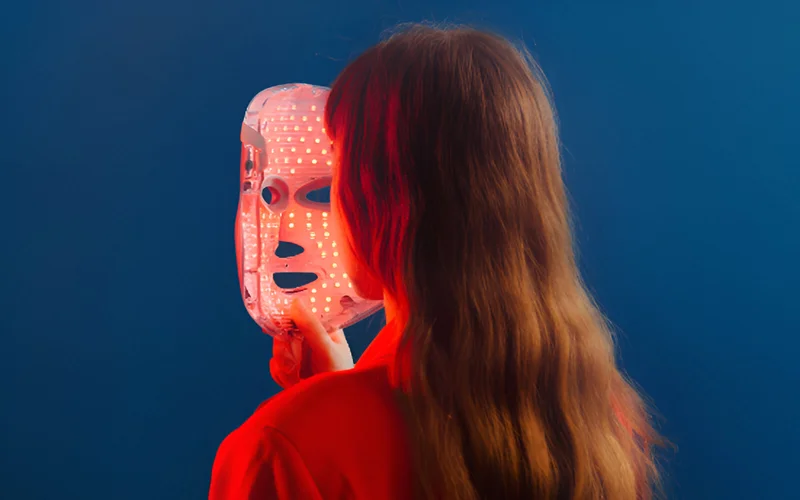 A woman faces away from the camera and holds a LED light mask to her face.