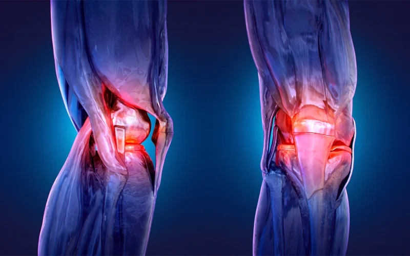 Image of bones and muscles around the knees, with the knee caps glowing red.