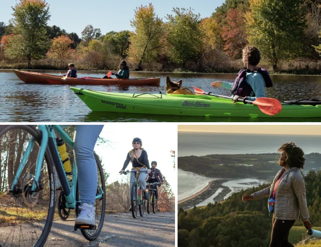 A collage of three images. Image1: Two kayaks on a lake are filled with three people and a dog. Image 2: Three people are riding bicycles on a trail. image 3: A person is looking out at a viewpoint.