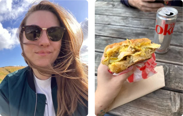 Erin on Arthur's Seat, and enjoying a vegan cuban