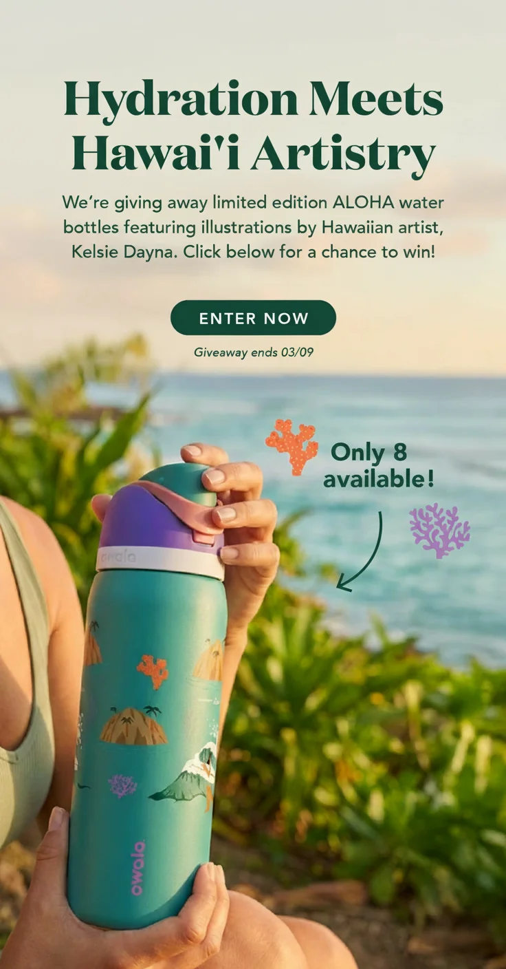 an image of a woman holding a water bottle in front of the ocean