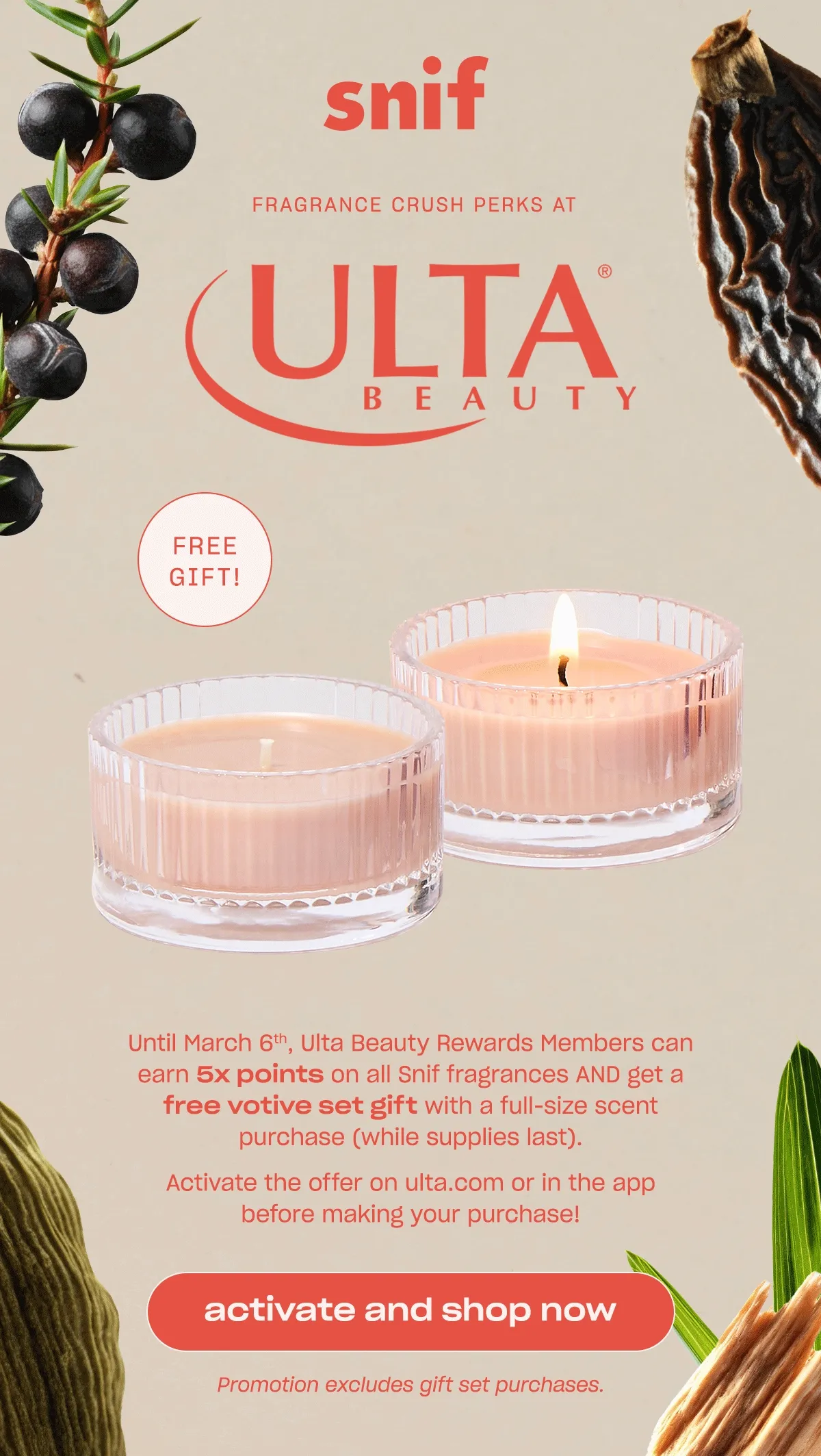 Until March 6th, Ulta Beauty Rewards Members can earn 5x points on all Snif fragrances AND get a free votive set gift with a full-size scent purchase (while supplies last). [activate and shop now]