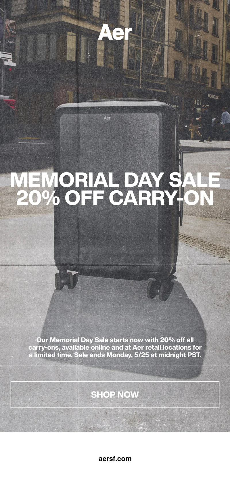 Aer Memorial Day Sale starts now. 20% off all Carry-Ons.