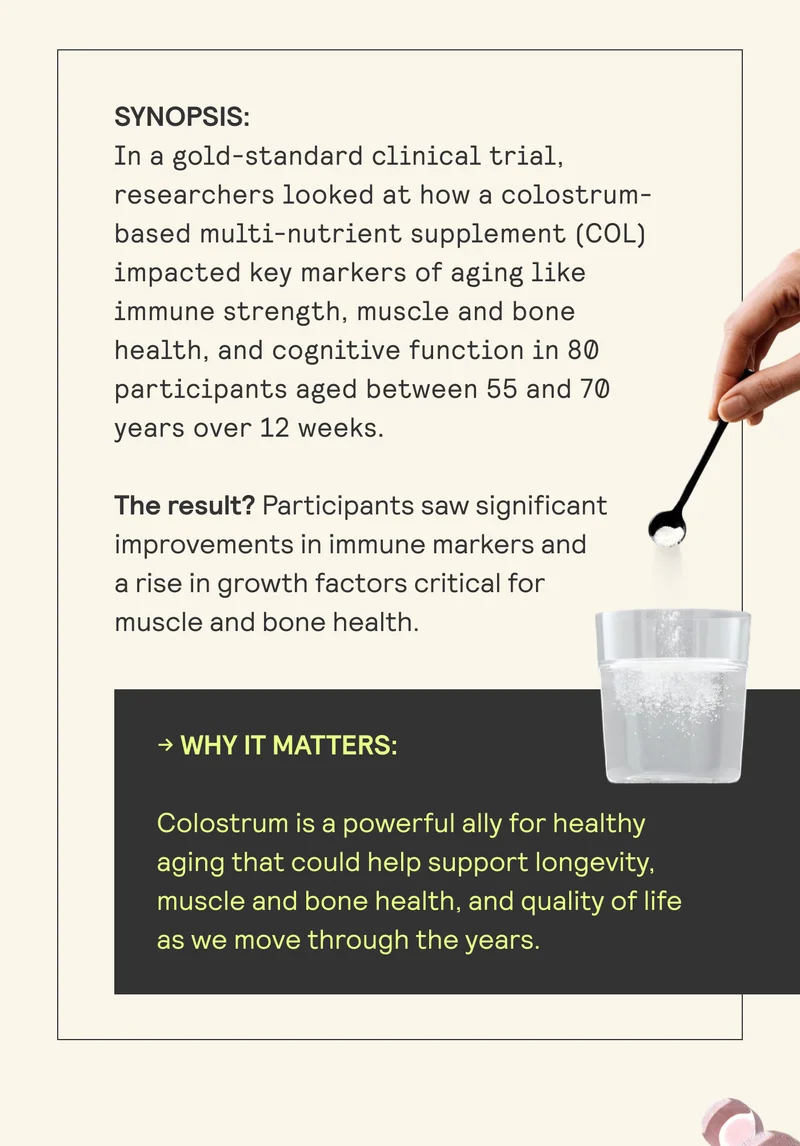 SYNOPSIS: In a gold-standard clinical trial, researchers looked at how a colostrum- | based multi-nutrient supplement (COL) impacted key markers of aging like | immune strength, muscle and bone | health, and cognitive function in 80 | participants aged between 55 and 70  years over 12 weeks.