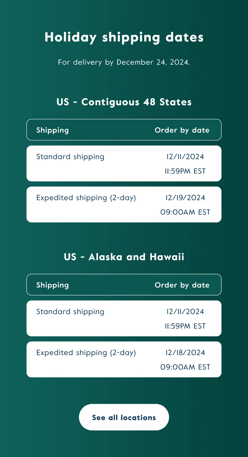 Holiday shipping dates for delivery by December 24, 2024.