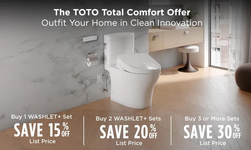 A modern bathroom featuring a WASHLET+ one piece toilet and promo text: Save 15–30% when buying 1–3+ TOTO WASHLET+ sets.