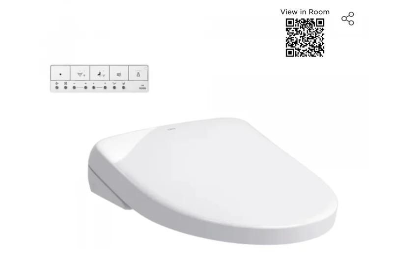TOTO WASHLET S7A bidet seat with wall-mounted remote and QR code for viewing the product in a virtual room setting.