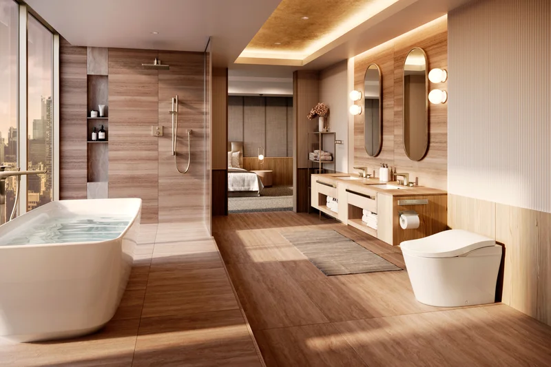 Modern bathroom with light wood finishes and an Aquia IV  WASHLET+ C5 bidet toilet and wall mounted remote.