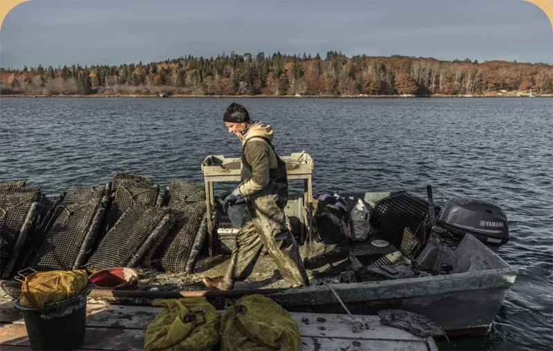 A person in foul weather gear walks along a boat filled with gear to harvest oysters.