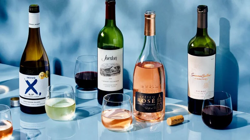 Red and white wines sitting on a table