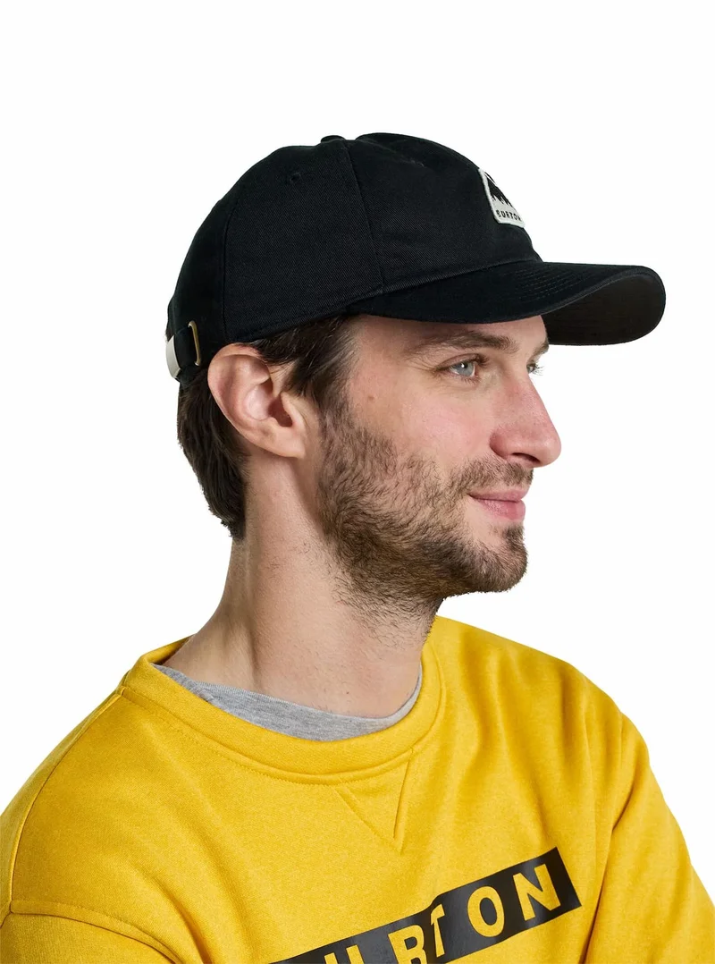 Rad Dad Hat in Black on a male model wearing Burton crewneck sweater in yellow