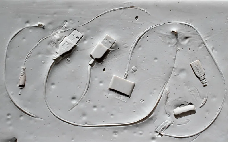 Technofossils, anything that is man-made, including new materials, will persist in the fossil record for centuries. Here, a mock fossil shows the imprints that may be left behind from USB cables.