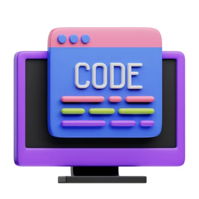 3D illustration of a computer monitor displaying a colourful code editor window with the word 'CODE'