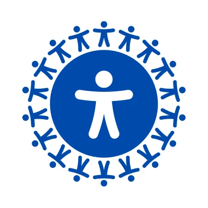 Blue circular logo featuring a central figure with arms outstretched, surrounded by a ring of smaller human figures holding hands
