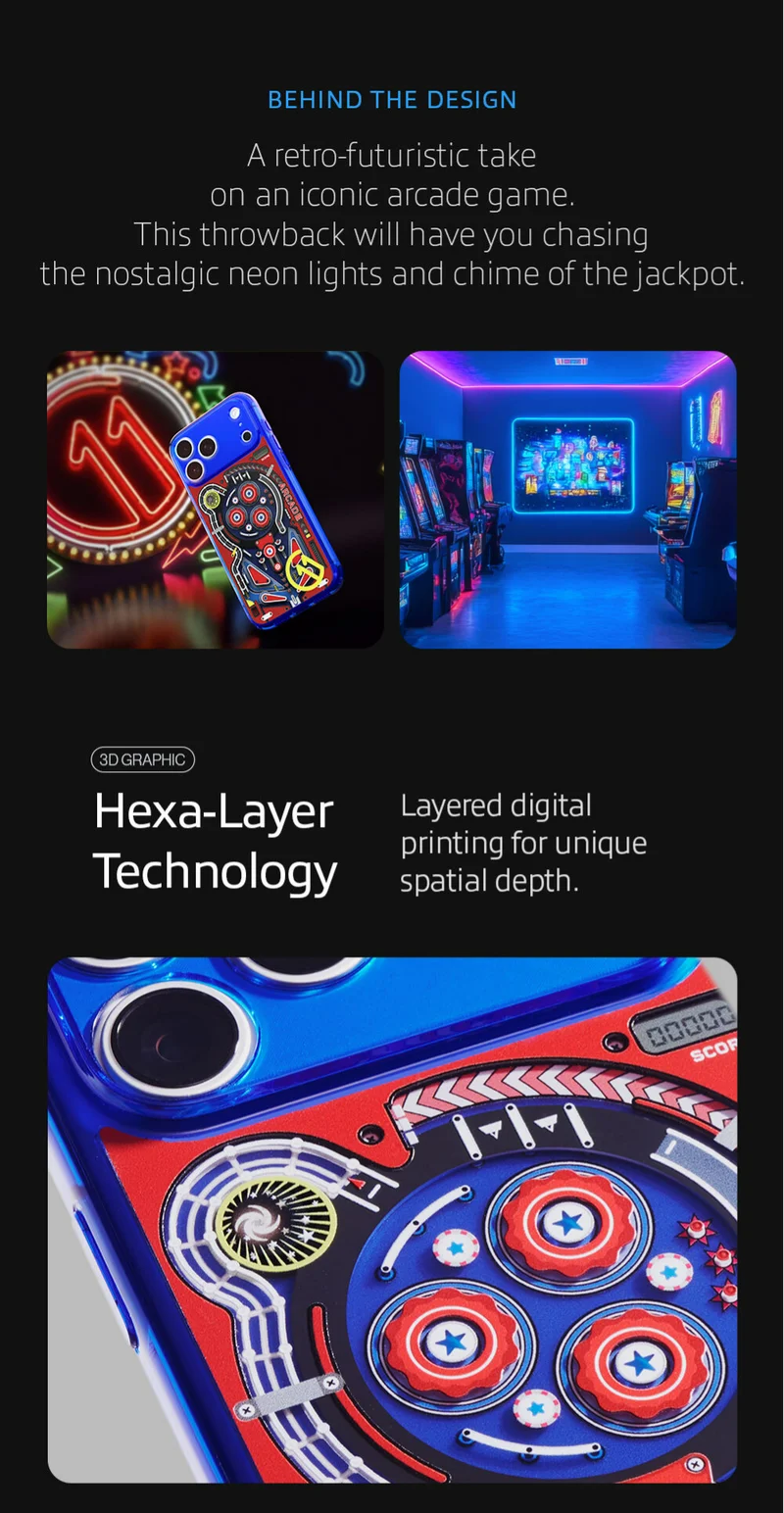 A retro-futuristic take on an iconic game. This throwback will have you chasing the nostalgic neon glow and chime of the jackpot. Featuring layered digital printing for unique spatial depth.