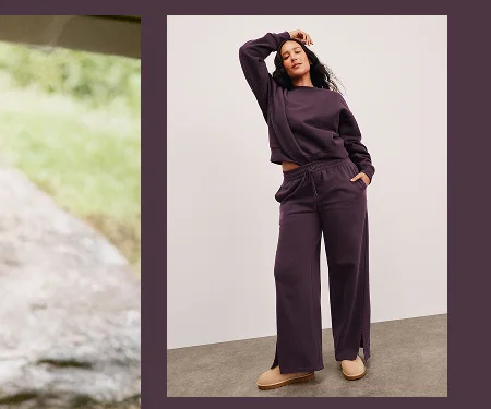 LuxeFleece Tranquil Slit Wide Leg Pant in Eggplant Purple