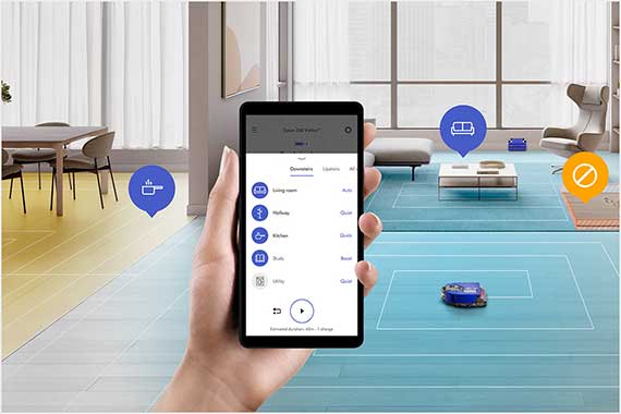 MyDyson app controlling a robot in different rooms.