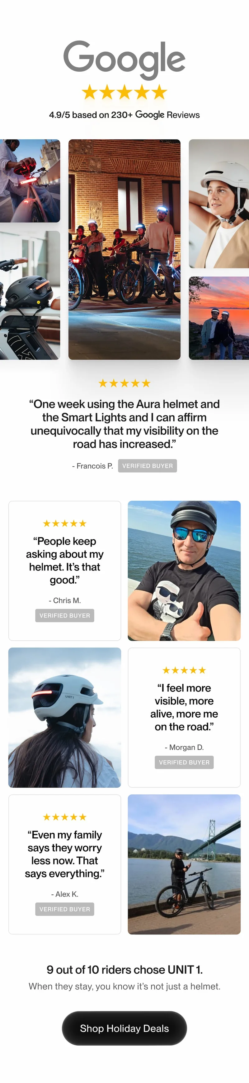 UNIT 1 riders and reviews collage. 4.9 stars on Google with over 230 reviews praising visibility, safety, and design.