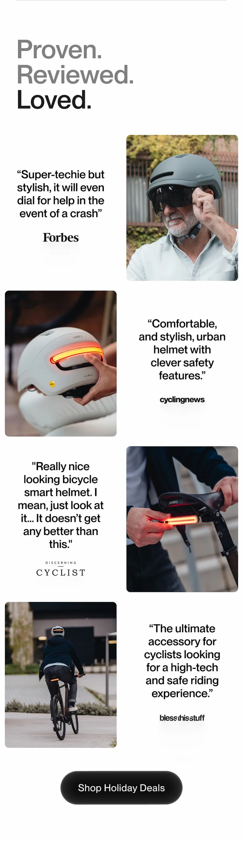 UNIT 1 smart helmets featured by Forbes, CyclingNews, and Cyclist. Quotes highlight safety, style, and innovation.