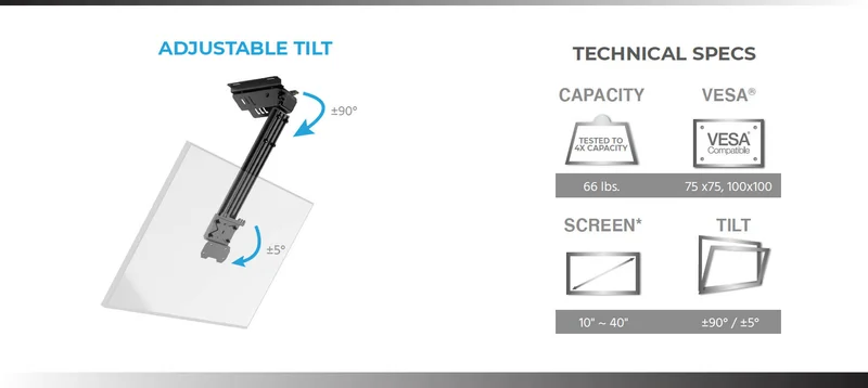 Monoprice Commercial Series Adjustable Folding Ceiling TV Mount for LED TVs 10in to 40in, Max Weight up to 66 lbs., Max Extension 15.7in, VESA Patterns up to 100x100