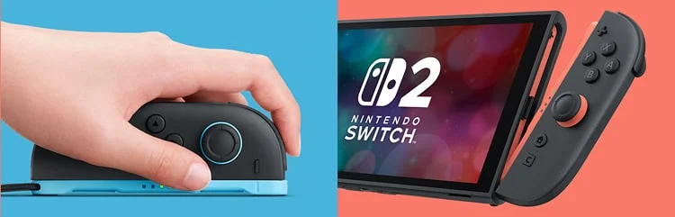 Two photos show the Joy-Con 2 controllers. In one, a hand rests atop the left Joy-Con 2 controller, positioned on its side with the strap attached. In the other, the right Joy-Con 2 slots into the Nintendo Switch 2 console.