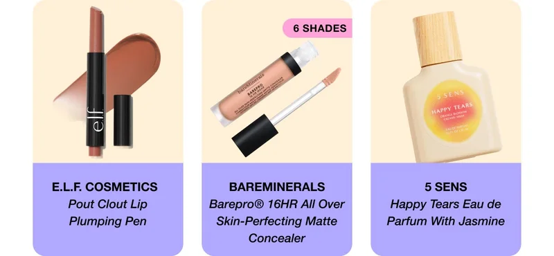 E.L.F. COSMETICS - Pout Clout Lip Plumping Pen | BAREMINERALS - Barepro(R) 16HR All Over Skin-Perfecting Matte Concealer - 6 shades | 5 SENS - Happy Tears Eau de Parfum With Jasmine
