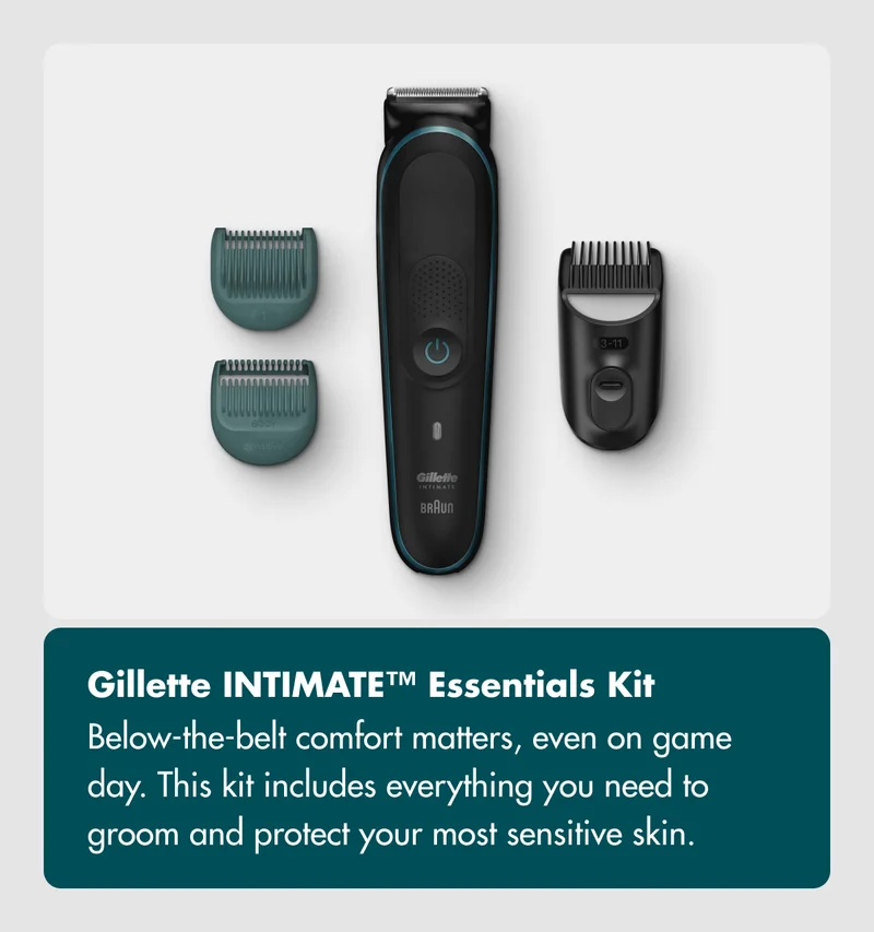 Gillette INTIMATE™ Essentials Kit - Below-the-belt comfort matters, even on game day. This kit includes everything you need to groom and protect your most sensitive skin.