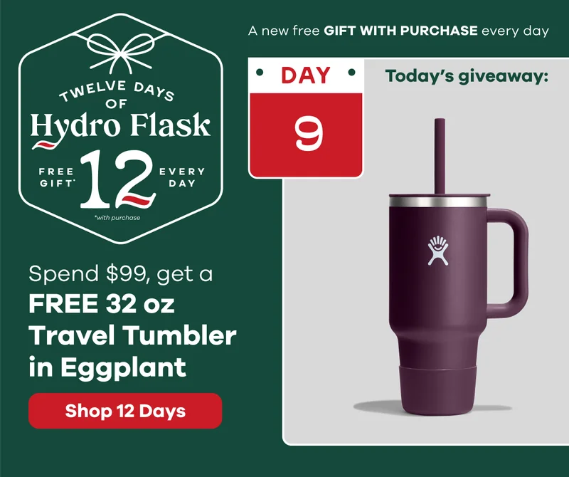 12 Days of Hydro Flask.  Spend $99, get a FREE 32 oz Travel Tumbler in Eggplant | Shop 12 Days