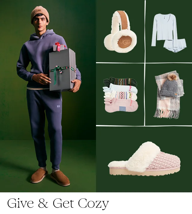 A man carrying gift boxes. Earmuffs, pajamas, socks, a hat and scarf and a slipper.