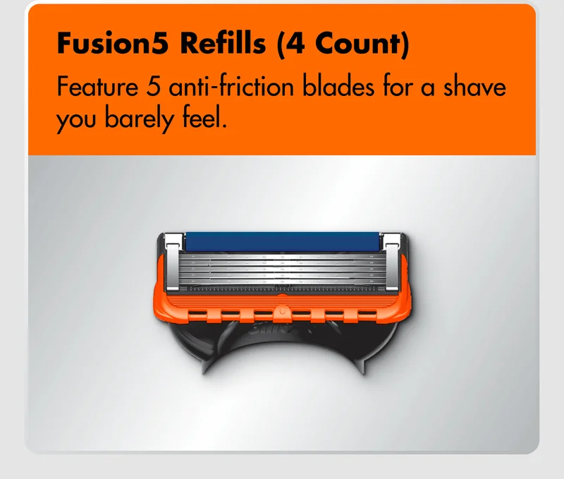 Fusion5  Refills (4 Count). Feature 5 anti-friction blades for a shave you barely feel.