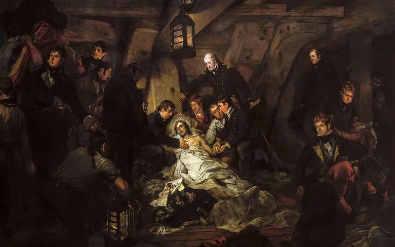 Horatio Nelson's death was a common subject in early 19th century painting. This example, by Arthur William Devis, was finished shortly after Nelson's death on the HMS Victory in 1805.