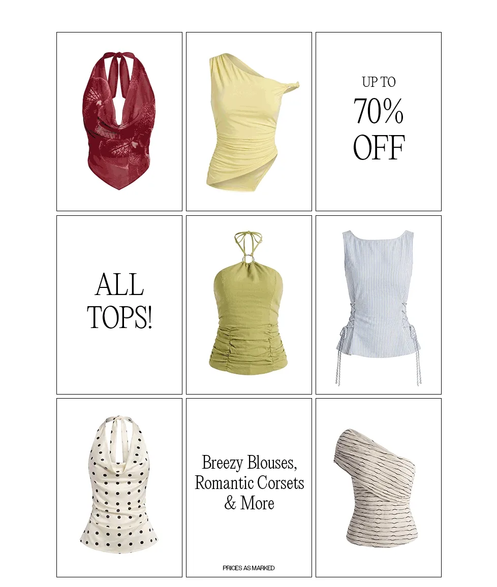 Stylish women's blouses, corsets & tops in red, yellow, green, and blue. 'Up to 70% Off' sale on all fashionable pieces.