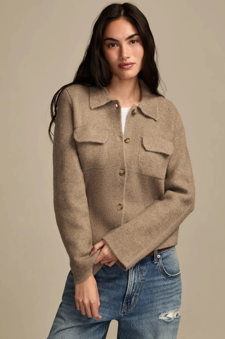 Image of Lucky Brand Collared Button Down Sweater - Women's Clothing Tops Sweaters in Dark Oatmeal Heather