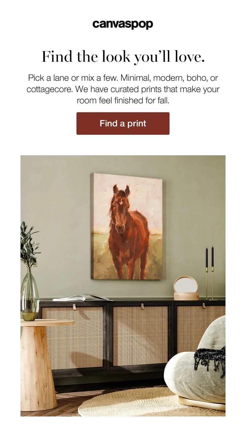 Find the look you'll love. Pick a lane or mix a few. Minimal, modern, boho, or cottagecore. We have curated prints that make your room feel finished for fall.