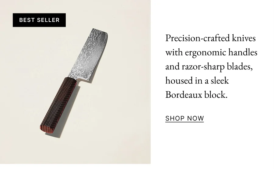 Precision crafted knives with ergonomic handles and raor sharp blades, housed in a sleek bordeaux block.