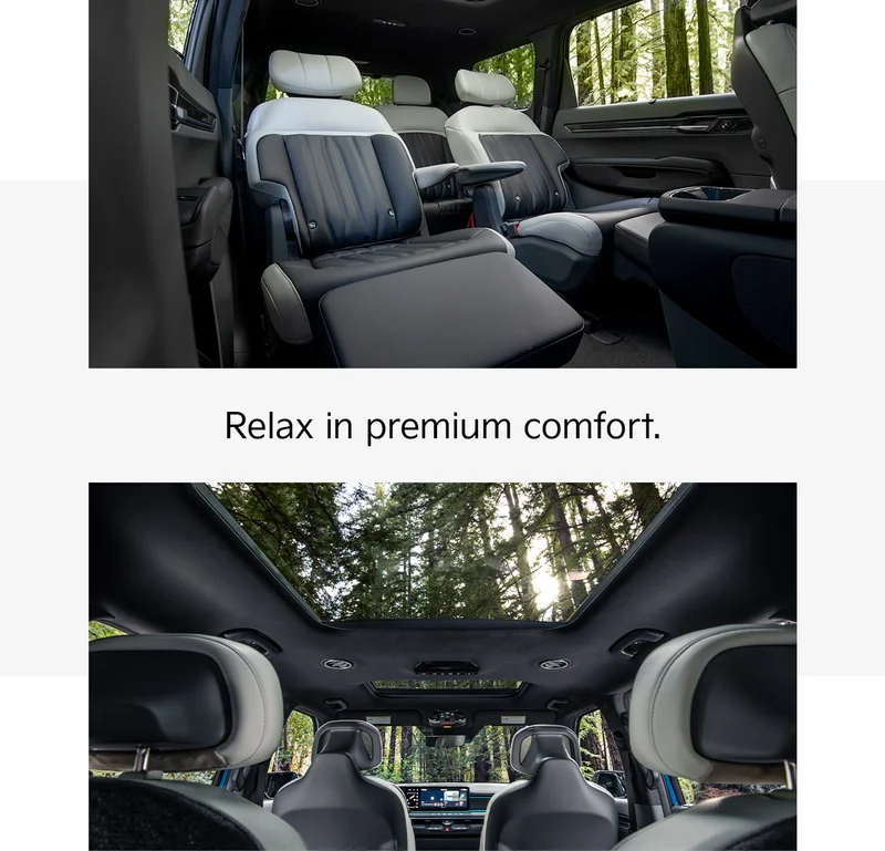 EV9 seating interior image. Relax in premium comfort. EV9 interior image of sunroof