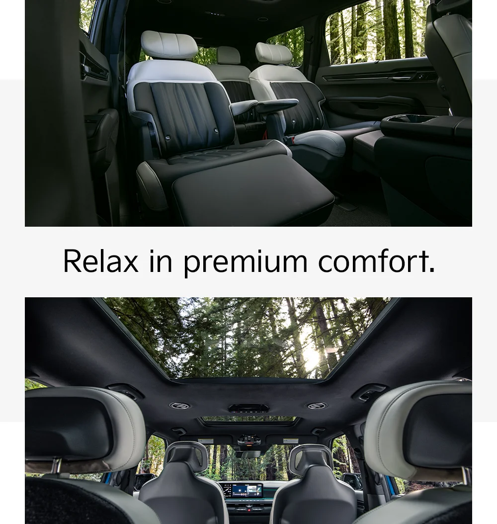 EV9 seating interior image. Relax in premium comfort. EV9 interior image of sunroof