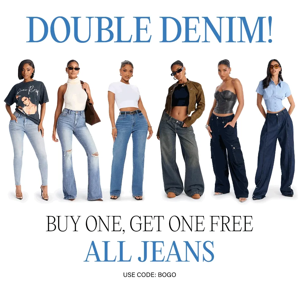 Six women showcase various light and dark wash denim jeans, from skinny to wide-leg, promoting a Buy One Get One Free jeans sale.