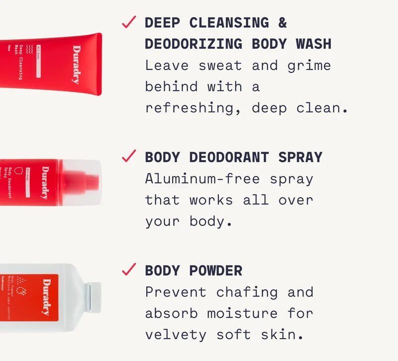 Deep Cleansing & Deodorizing Body Wash Leave sweat and grime behind with a refreshing, deep clean. Body Deodorant Spray Aluminum-free spray that works all over your body. Body Powder Prevent chafing and absorb moisture for velvety soft skin.