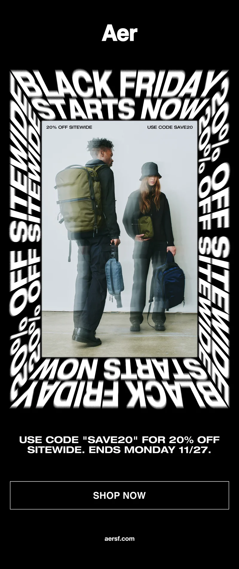 Image of man and woman with Aer travel products